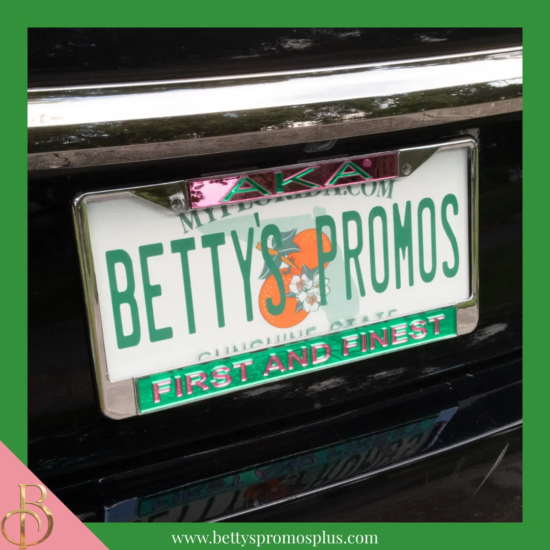 Alpha Kappa Alpha AKA First and Finest Chrome Laser Engraved Mirrored Acrylic Auto Tag License Plate Frame-Alpha Kappa Alpha Paraphernalia-Alpha Kappa Alpha Auto Tag Frame-Betty's Promos Plus