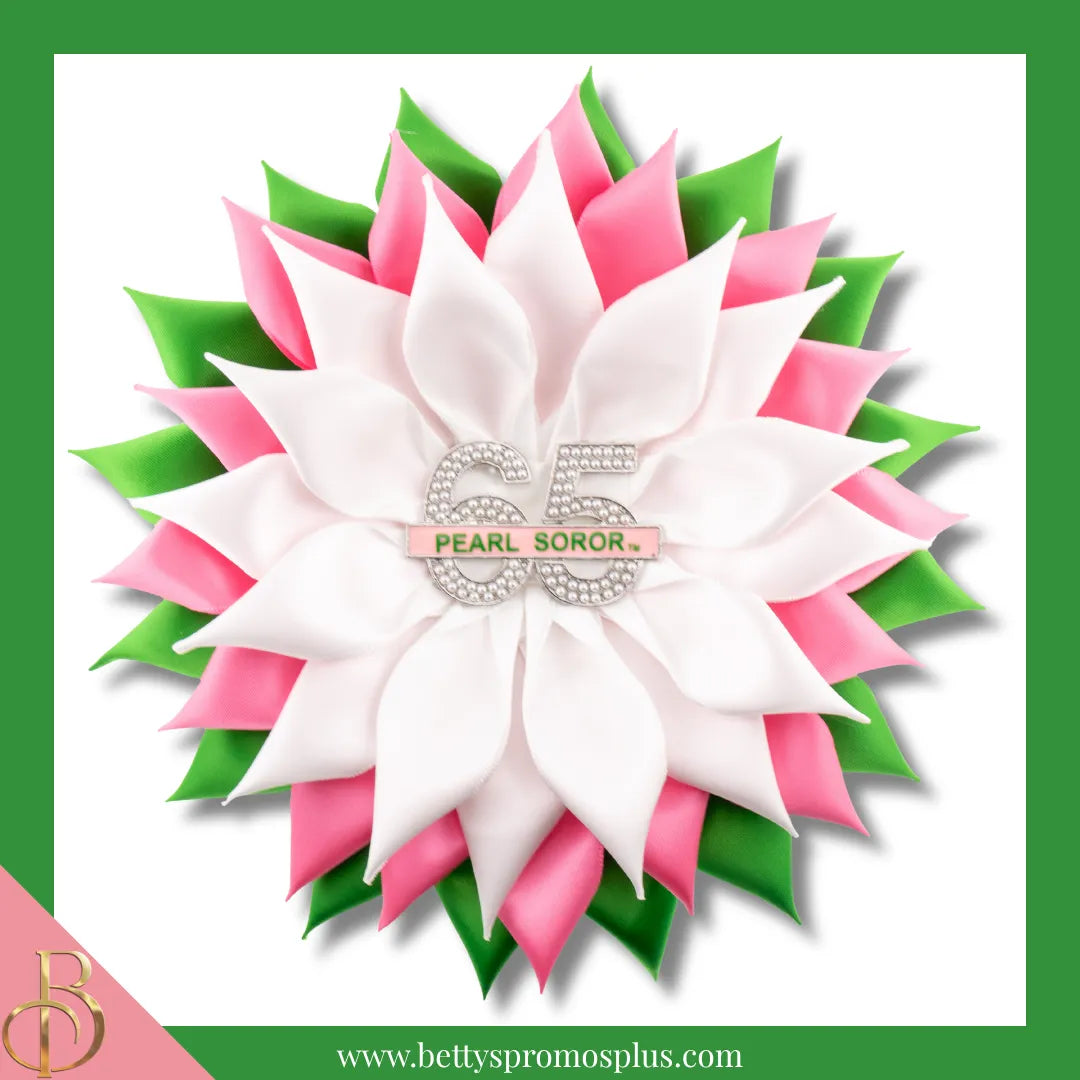 Alpha Kappa Alpha AKA Pearl Soror Silk Flower Brooch-Pink/Green/White-Large - 6"-Alpha Kappa Alpha Paraphernalia-Alpha Kappa Alpha Lapel Pin-Betty's Promos Plus