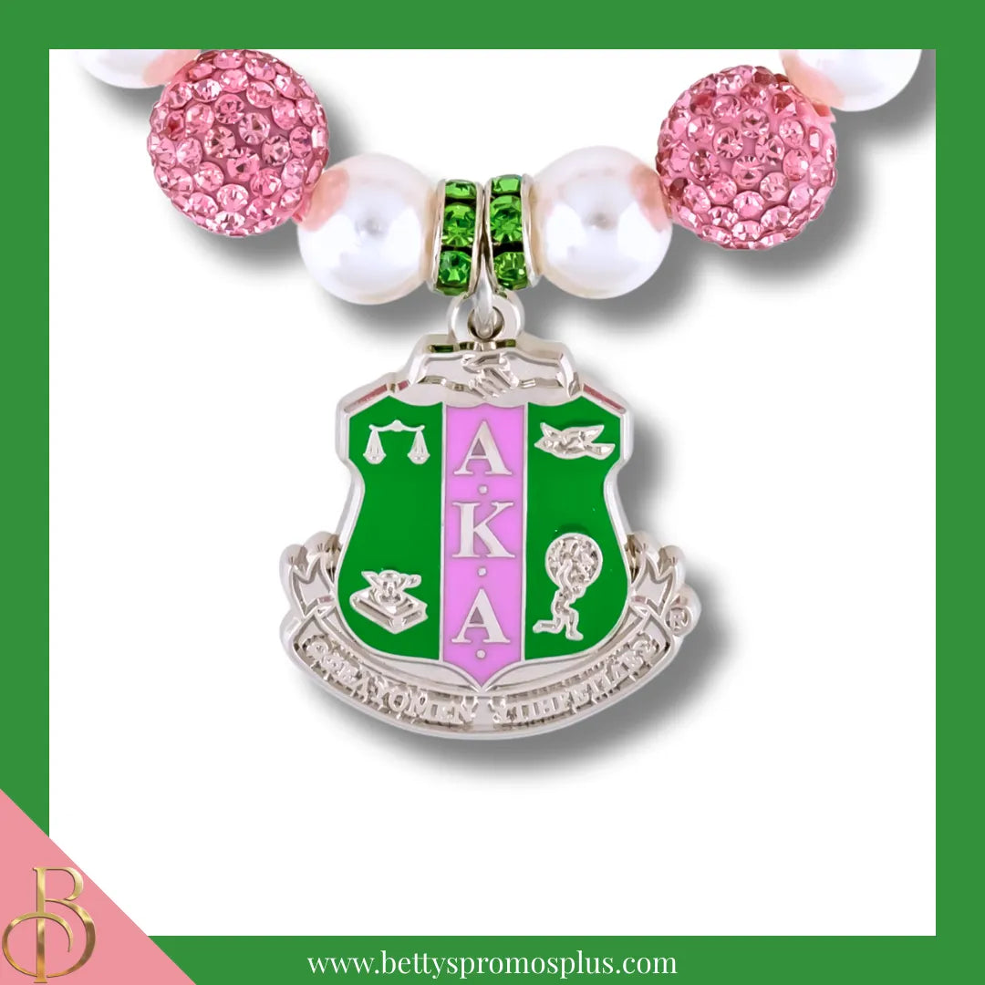 Alpha Kappa Alpha AKA Shield Pearl Bracelet with Pink Stones & Rhinestone Spacers-Alpha Kappa Alpha Paraphernalia-Alpha Kappa Alpha Bracelet-Betty's Promos Plus