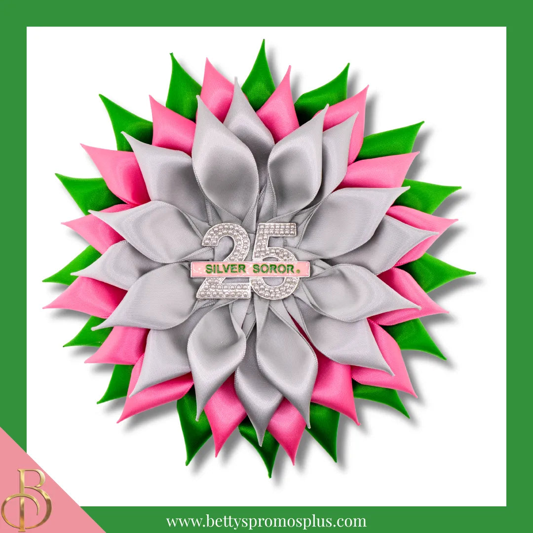 Alpha Kappa Alpha AKA Silver Soror Silk Flower Brooch-Pink/Green/Silver-Large - 6"-Alpha Kappa Alpha Paraphernalia-Alpha Kappa Alpha Lapel Pin-Betty's Promos Plus