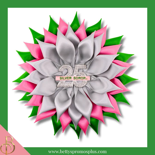 Alpha Kappa Alpha AKA Silver Soror Silk Flower Brooch-Pink/Green/Silver-Large - 6"-Alpha Kappa Alpha Paraphernalia-Alpha Kappa Alpha Lapel Pin-Betty's Promos Plus