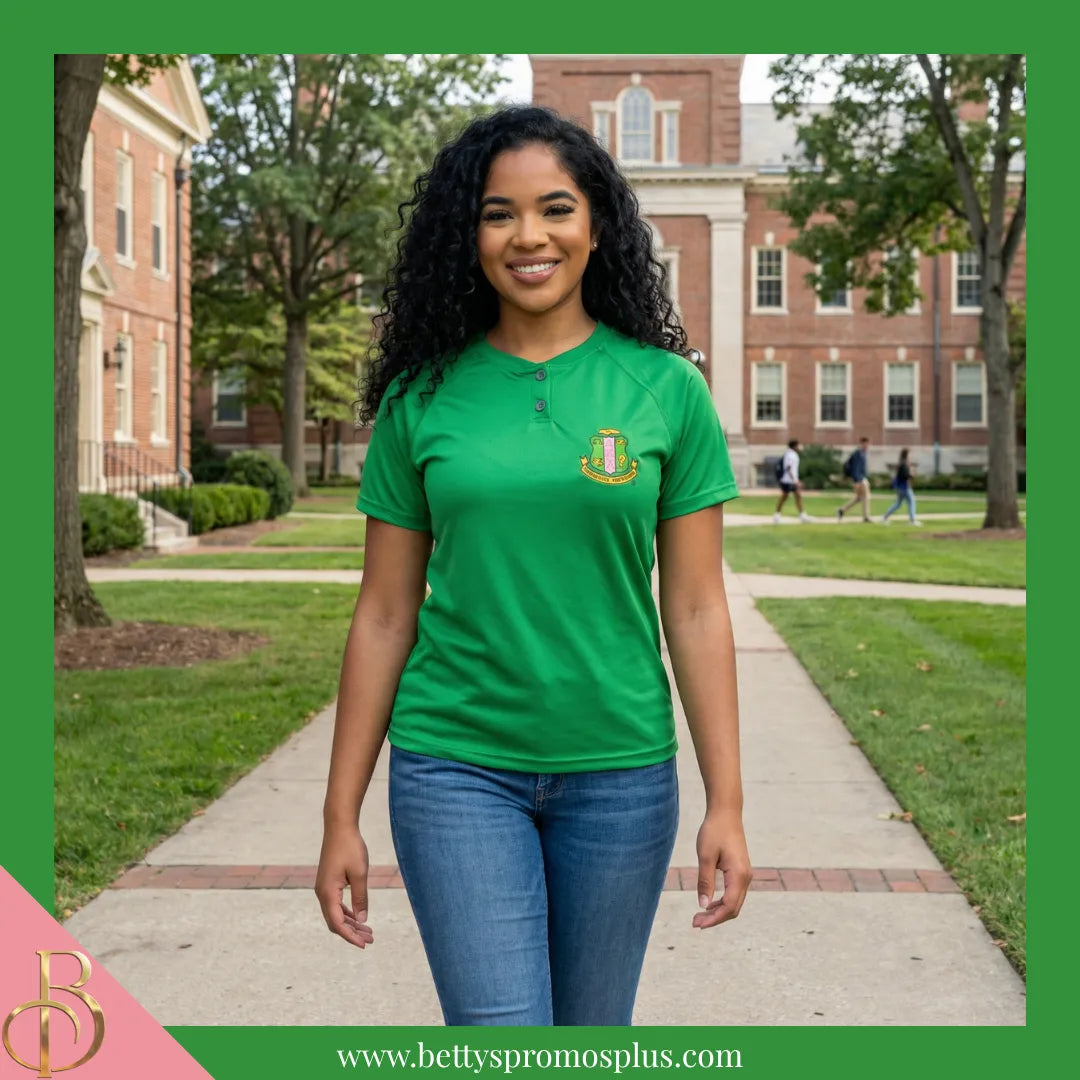 Alpha Kappa Alpha AKA Two-Button Baseball Henley Shirt with Embroidered Shield-Alpha Kappa Alpha Paraphernalia-Alpha Kappa Alpha Button-Up Shirts-Betty's Promos Plus
