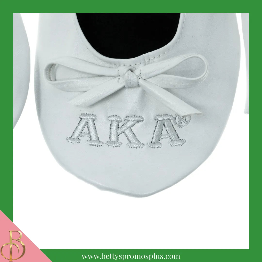 Alpha Kappa Alpha AKA Uninterrupted White Embroidered Ballet Flats with Carrying Case-Alpha Kappa Alpha Paraphernalia-Alpha Kappa Alpha Ballet Flats-Betty's Promos Plus