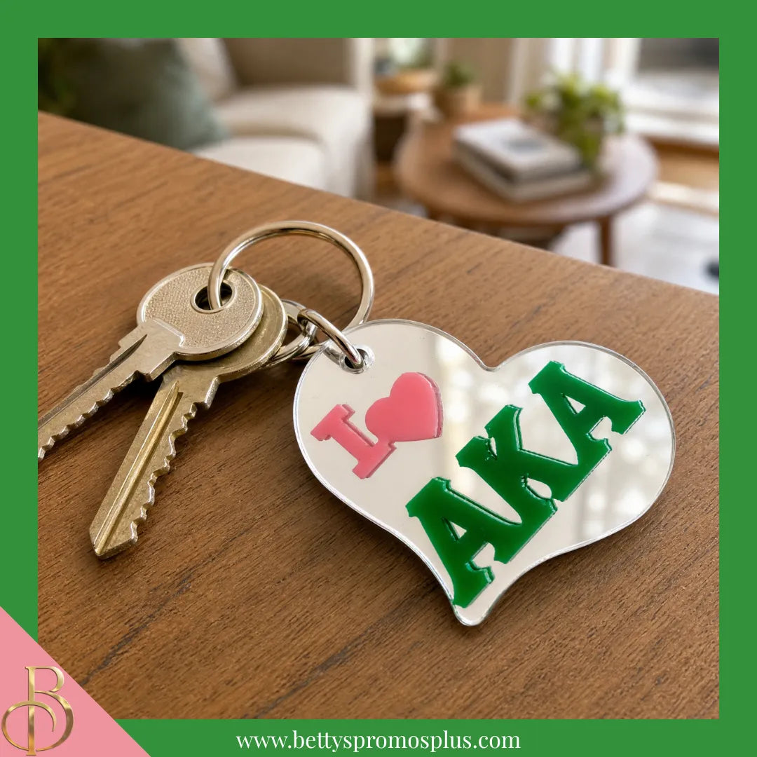 Alpha Kappa Alpha I Love AKA Heart-Shaped Acrylic Mirror Keychain-Alpha Kappa Alpha Paraphernalia-Alpha Kappa Alpha Keychain-Betty's Promos Plus