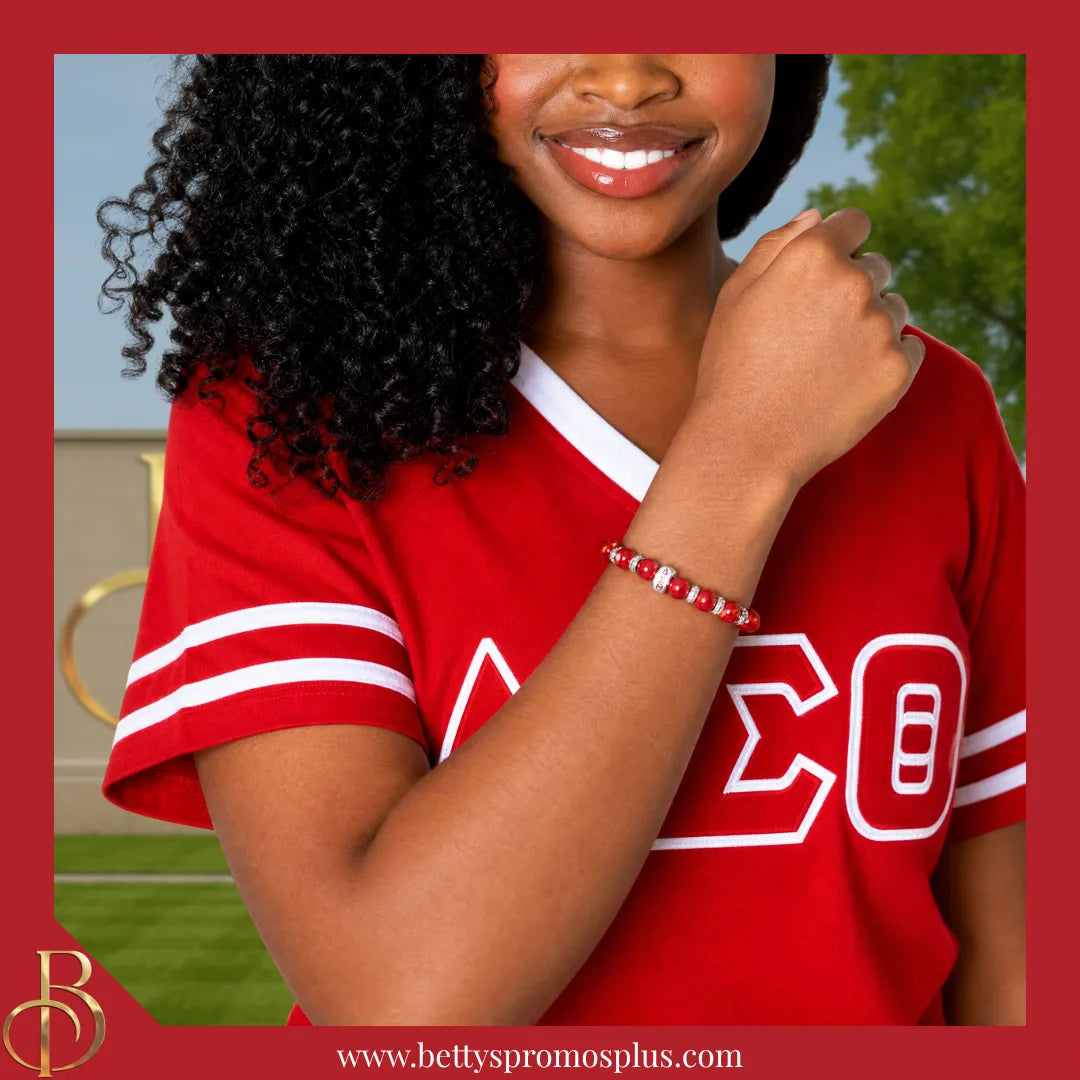 Delta Sigma Theta ΔΣΘ 1913 Red Marbled Beaded Bracelet with Rhinestone Spacers-Delta Sigma Theta Paraphernalia-Delta Sigma Theta Bracelet-Betty's Promos Plus