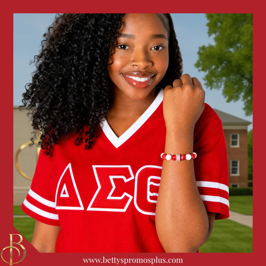 Delta Sigma Theta ΔΣΘ 1913 Red & White Marbled Beaded Bracelet with Rhinestone Spacers-Delta Sigma Theta Paraphernalia-Delta Sigma Theta Bracelet-Betty's Promos Plus