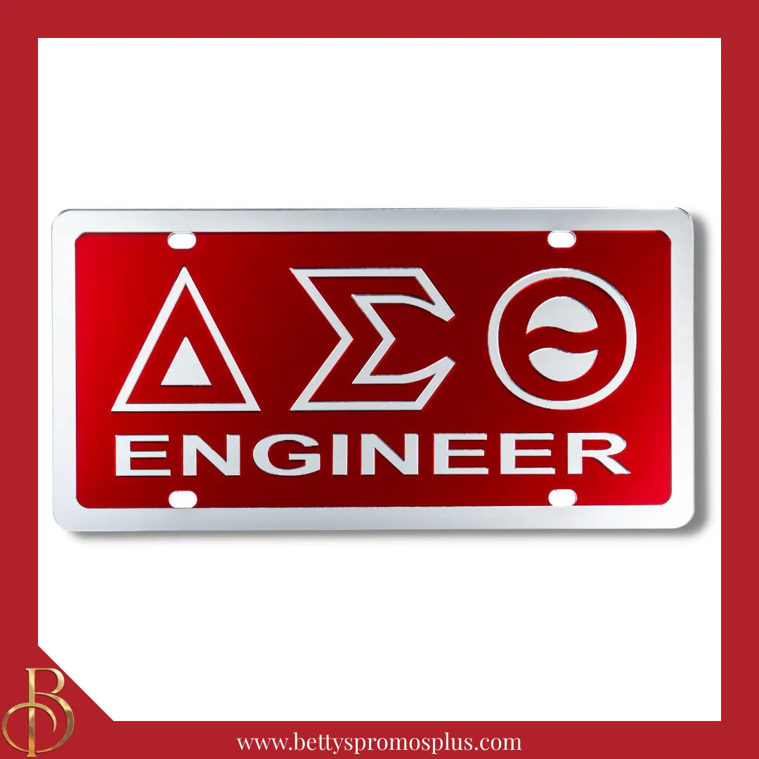 Delta Sigma Theta ΔΣΘ Engineer Laser Engraved Mirrored Acrylic Auto Tag License Plate-Red Background-Silver Trim-Delta Sigma Theta Paraphernalia-Delta Sigma Theta Auto Tag-Betty's Promos Plus