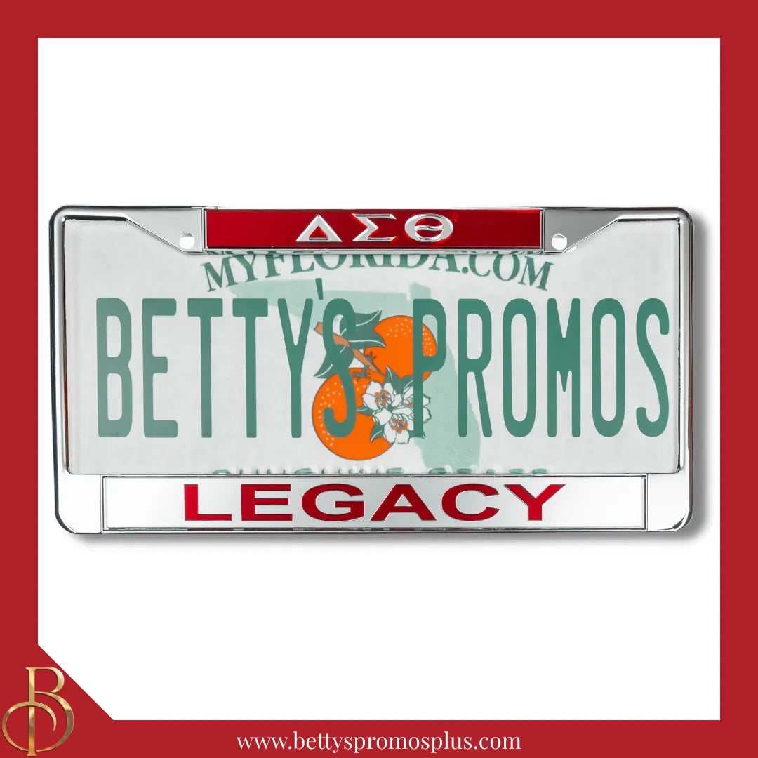 Delta Sigma Theta ΔΣΘ Legacy Chrome Laser Engraved Mirrored Acrylic Auto Tag License Plate Frame-Red Top-Silver Bottom-Delta Sigma Theta Paraphernalia-Delta Sigma Theta Auto Tag Frame-Betty's Promos Plus