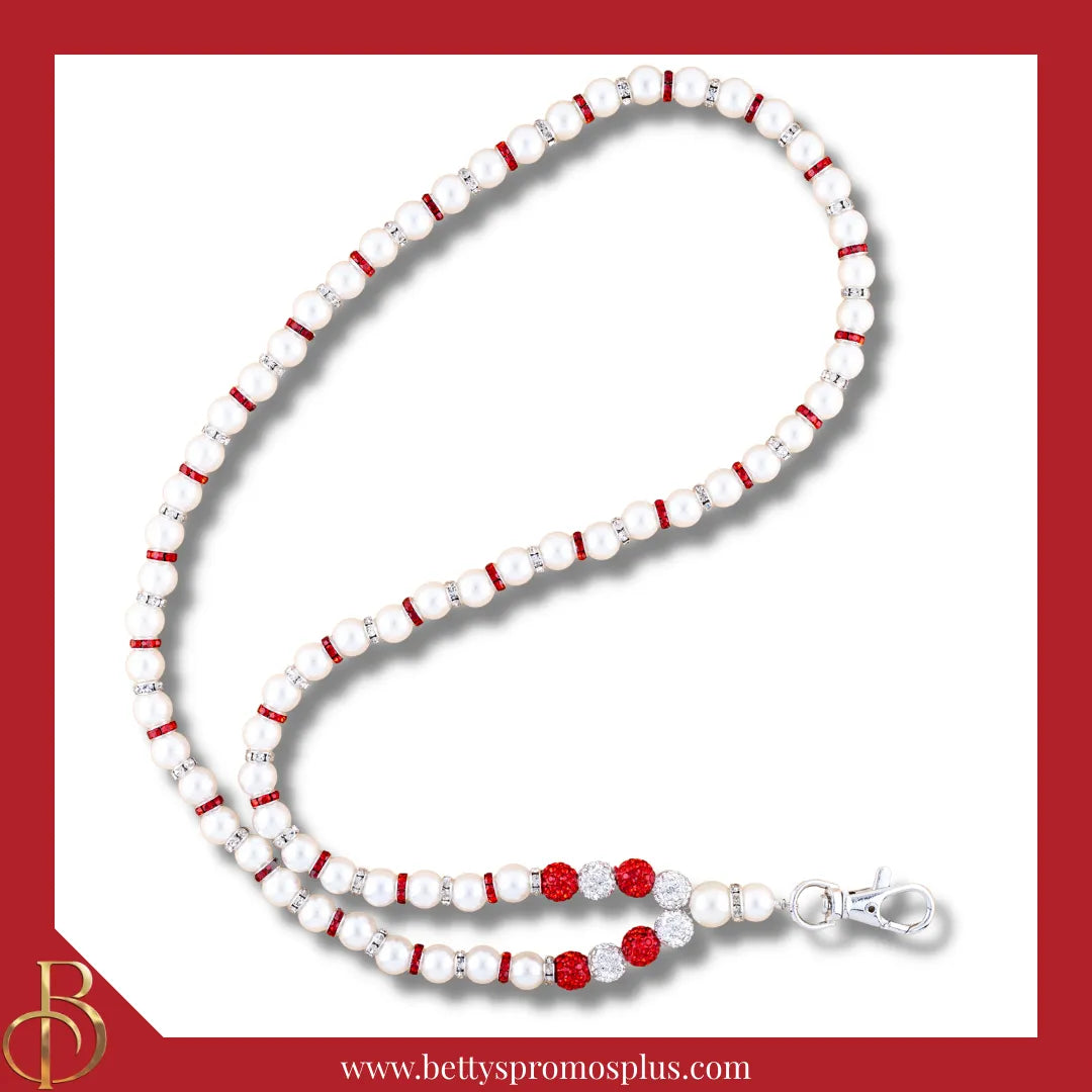  February6キャンディ型ネックレス 赤白ストライプ Delta Sigma Theta ΔΣΘ Pearl Lanyard with Rhinestone Spacers