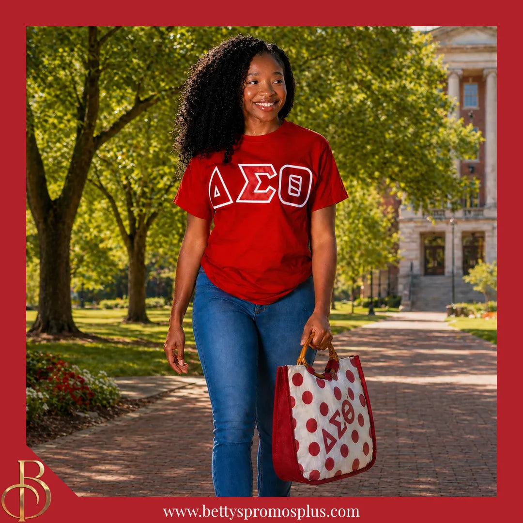 Delta Sigma Theta ΔΣΘ Polka Dot Sorority Jute Bag-Delta Sigma Theta Paraphernalia-Delta Sigma Theta Purses-Betty's Promos Plus