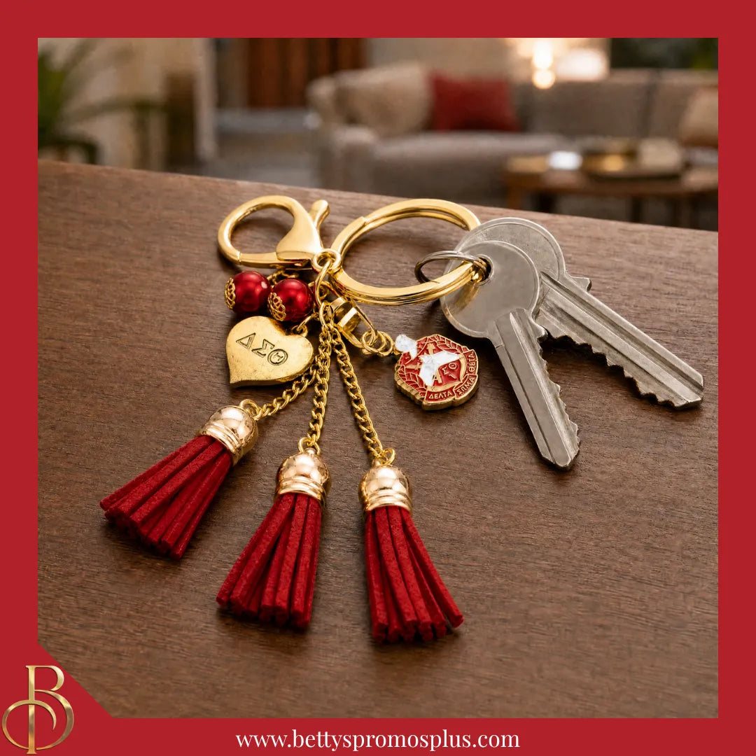Delta Sigma Theta ΔΣΘ Red Tassel Keychain with ΔΣΘ Shield Charm-Delta Sigma Theta Paraphernalia-Delta Sigma Theta Keychain-Betty's Promos Plus