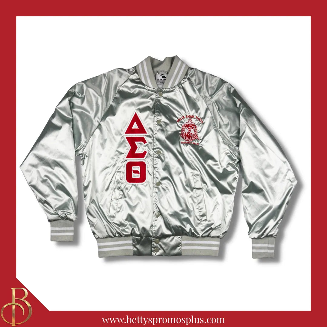Delta Sigma Theta ΔΣΘ Satin Bomber Jacket-Silver-X-Small-Delta Sigma Theta Paraphernalia-Delta Sigma Theta Jackets-Betty's Promos Plus