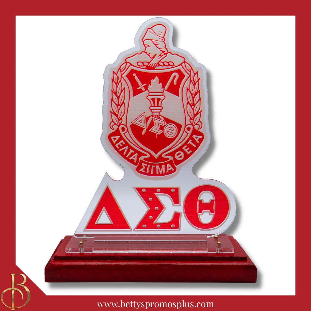 Delta Sigma Theta ΔΣΘ Shield Desk Ornament Plaque-Red Base-Delta Sigma Theta Paraphernalia-Delta Sigma Theta Desk Ornament-Betty's Promos Plus
