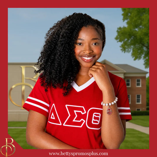 Delta Sigma Theta ΔΣΘ Shield Pearl Bracelet with Rhinestone Spacers-Delta Sigma Theta Paraphernalia-Delta Sigma Theta Bracelet-Betty's Promos Plus