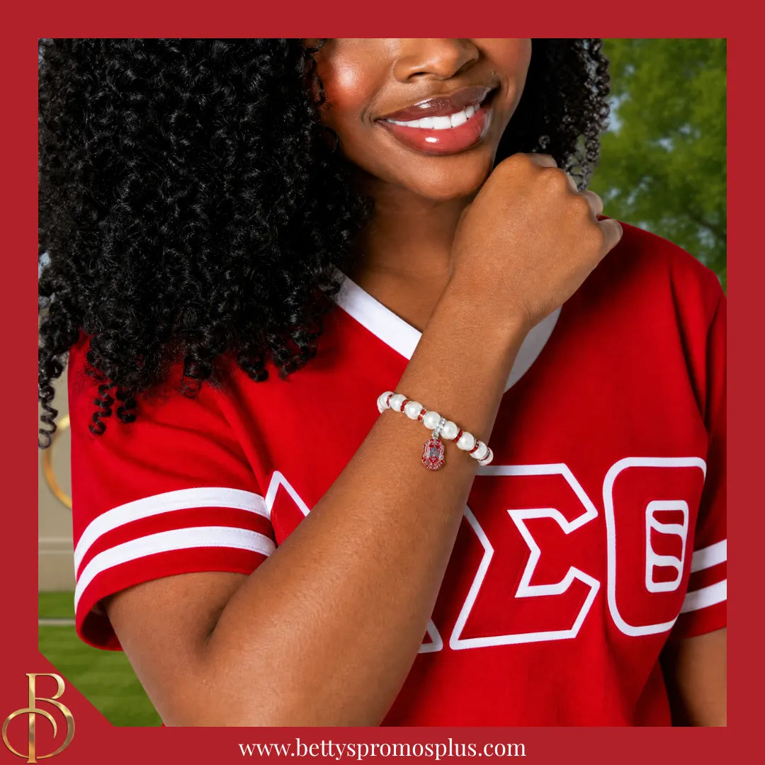 Delta Sigma Theta ΔΣΘ Shield Pearl Bracelet with Rhinestone Spacers-Delta Sigma Theta Paraphernalia-Delta Sigma Theta Bracelet-Betty's Promos Plus