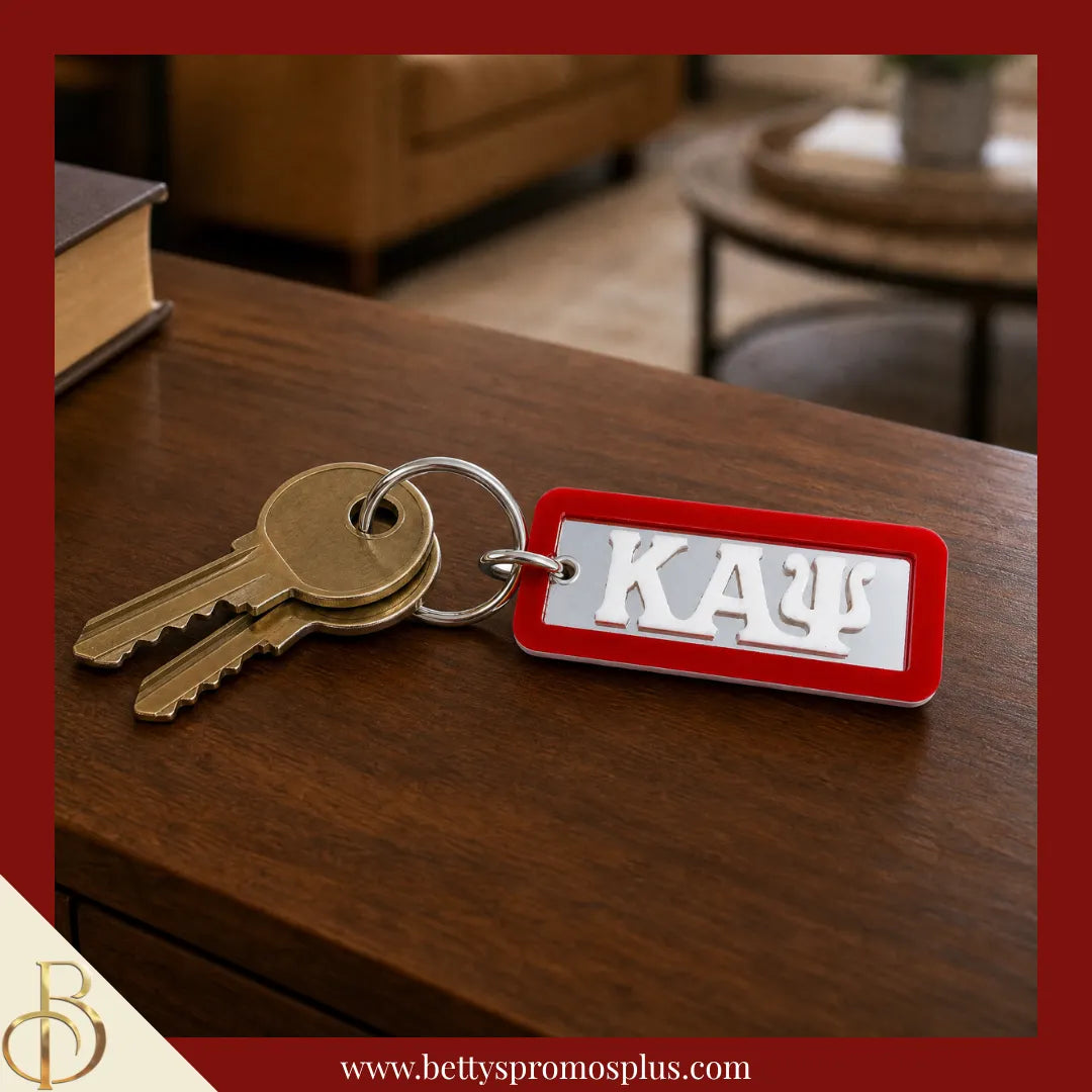 Kappa Alpha Psi ΚΑΨ Greek Letters Rectangular Acrylic Mirror Keychain with Red Trim-Kappa Alpha Psi Paraphernalia-Kappa Alpha Psi Keychain-Betty's Promos Plus