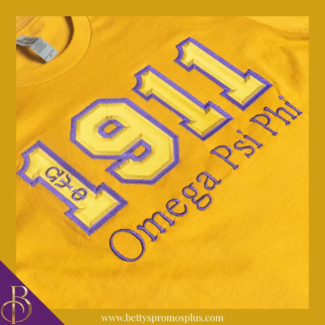 Omega Psi Phi 1911 ΩΨΦ Script Double Stitched Appliqué Embroidered Line T-Shirt-Omega Psi Phi Paraphernalia-Omega Psi Phi T-Shirts-Betty's Promos Plus