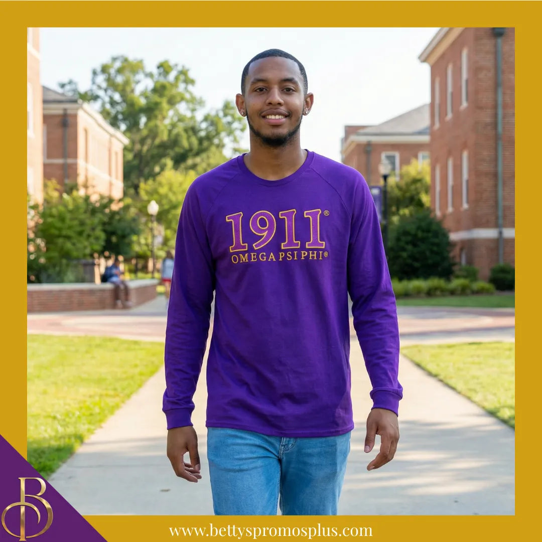 Omega Psi Phi ΩΨΦ 1911 Embroidered Long Sleeve T-Shirt-Omega Psi Phi Paraphernalia-Omega Psi Phi T-Shirts-Betty's Promos Plus