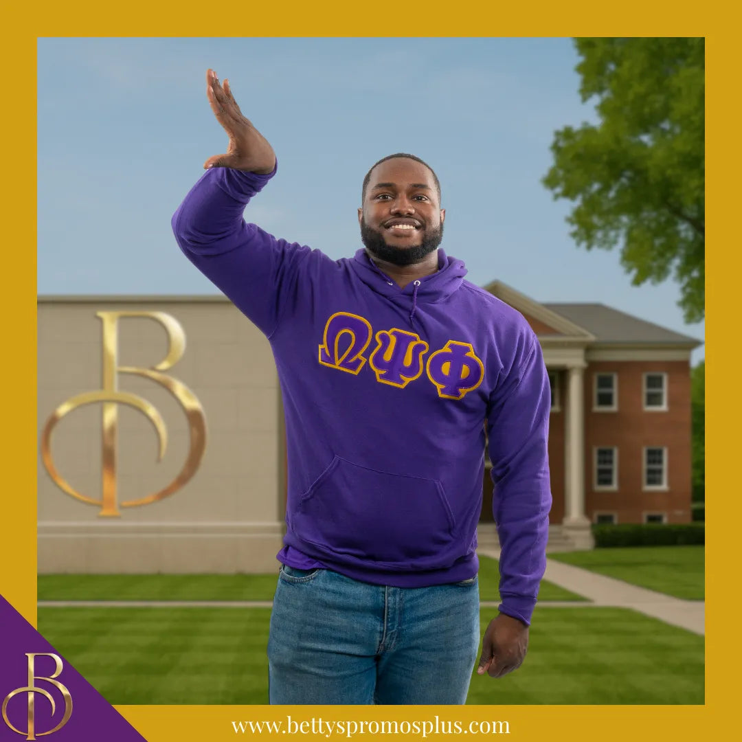 Omega Psi Phi ΩΨΦ Applique Embroidered Greek Letter Pullover Hoodie Sweatshirt-Omega Psi Phi Paraphernalia-Omega Psi Phi Hoodie-Betty's Promos Plus