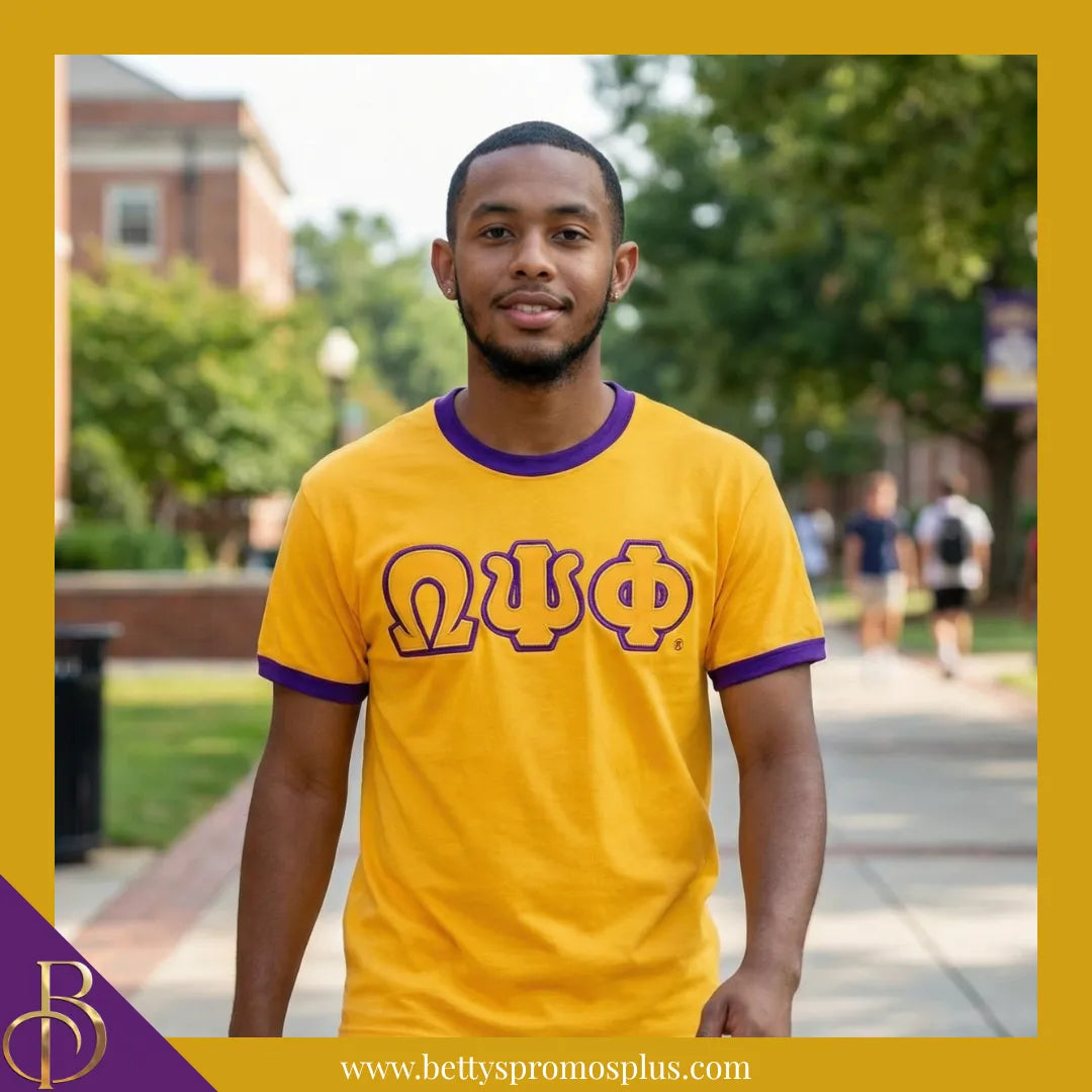 Omega Psi Phi ΩΨΦ Double Stitched Embroidered Ringer T-Shirt-Omega Psi Phi Paraphernalia-Omega Psi Phi T-Shirts-Betty's Promos Plus