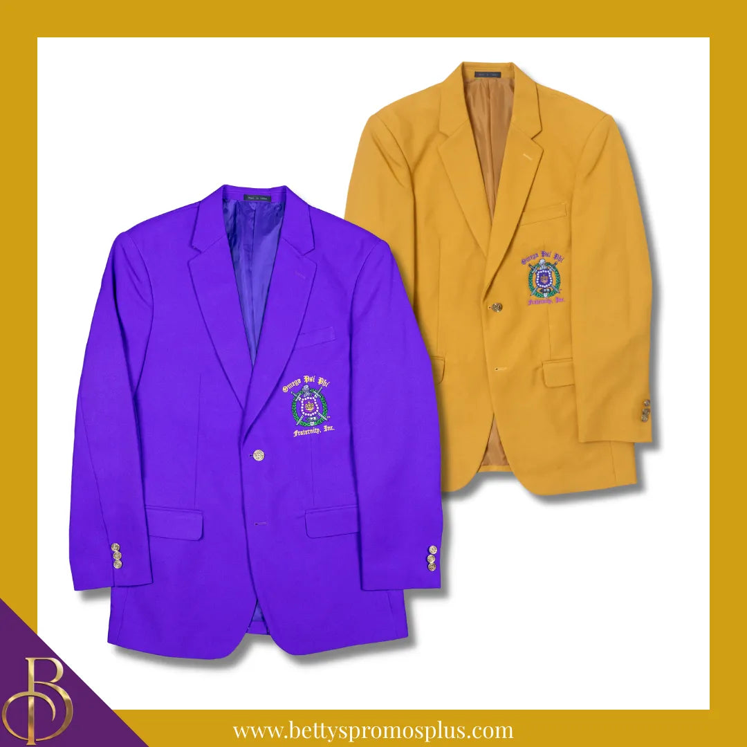 Omega Psi Phi Embroidered Shield Crest Blazer Sport Coat Gold / Regular / 48 Omega Psi Phi Embroidered Shield Crest Blazer Sport Coat Gold / Regular / 48