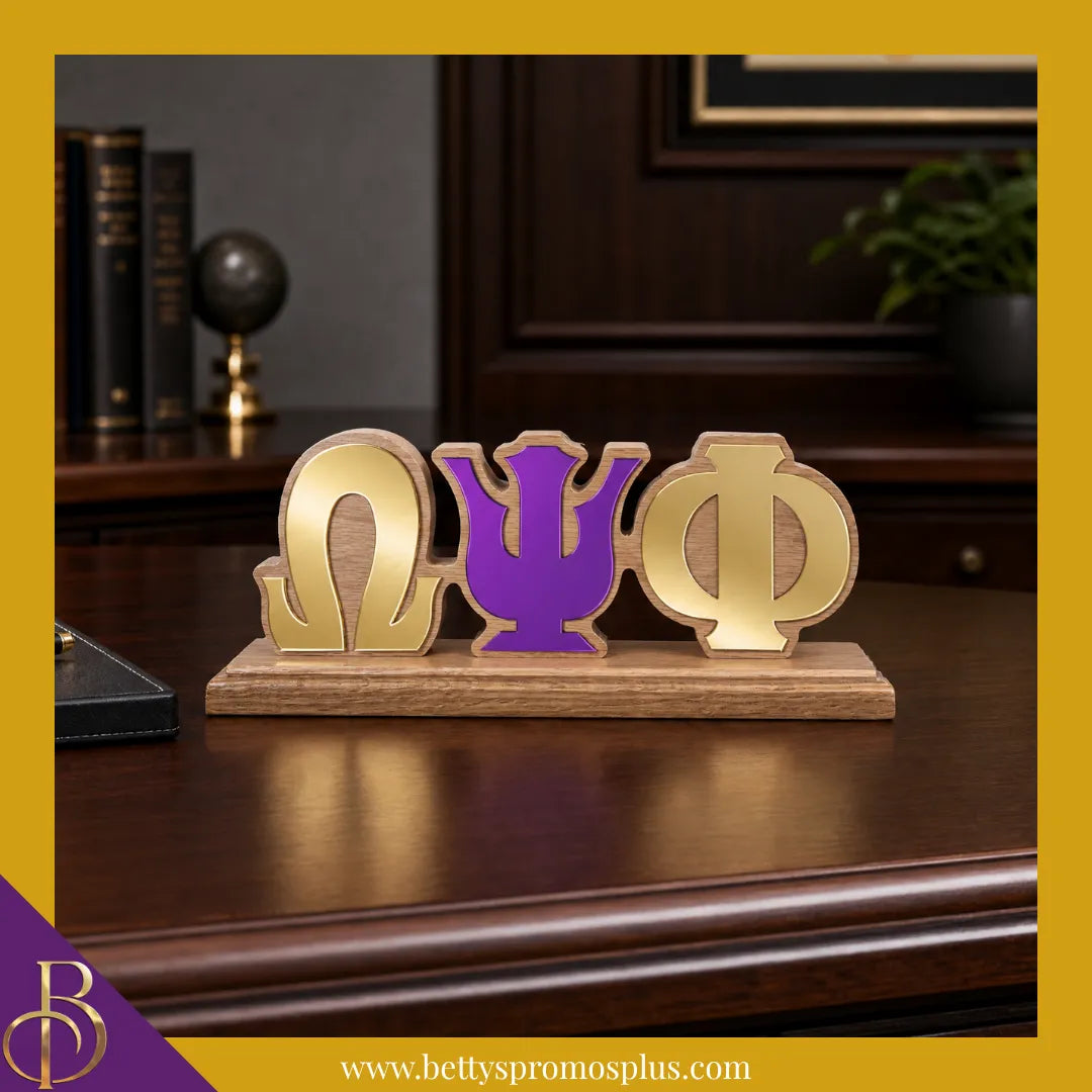 Omega Psi Phi ΩΨΦ Wooden Desk Ornament with Mirrored Letters-Omega Psi Phi Paraphernalia-Omega Psi Phi Desk Ornament-Betty's Promos Plus