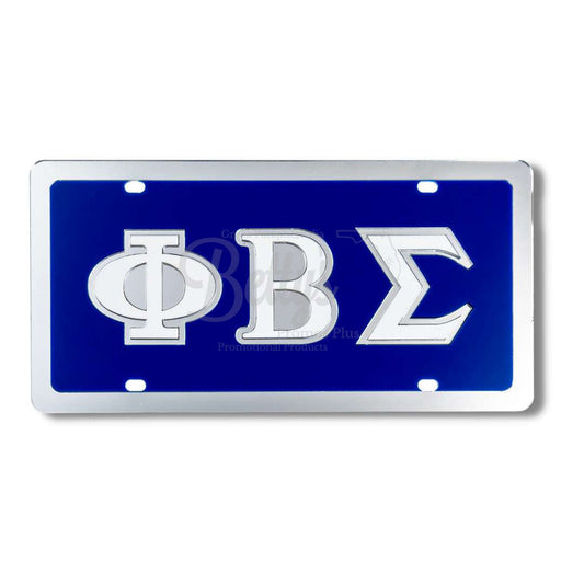 Phi Beta Sigma ΦΒΣ Laser Engraved Mirrored Acrylic Auto Tag License Plate-Blue Background-Silver Trim-Phi Beta Sigma Paraphernalia-Phi Beta Sigma Auto Tag-Betty's Promos Plus