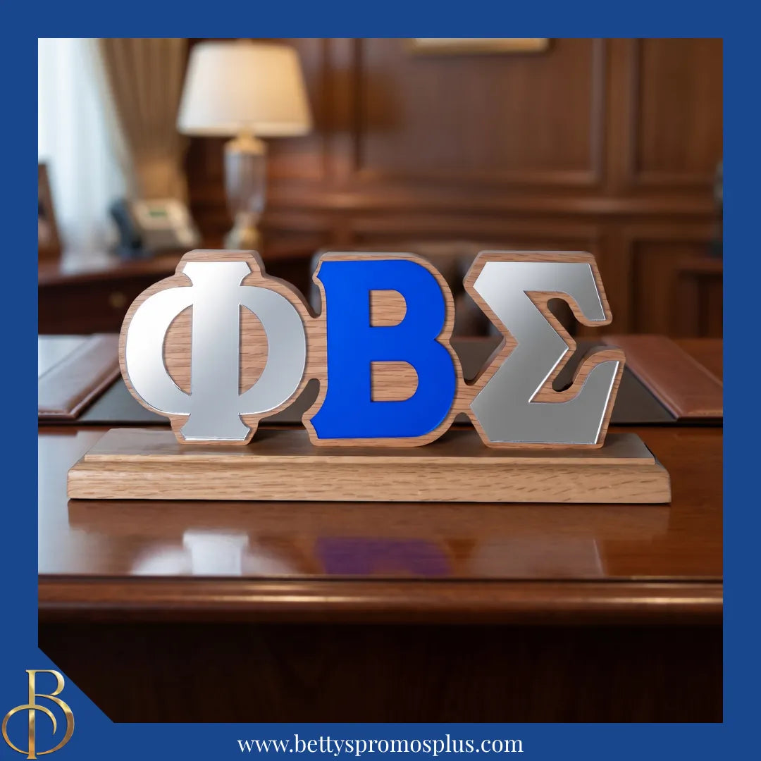 Phi Beta Sigma ΦΒΣ Wooden Desk Ornament with Mirrored Letters-Phi Beta Sigma Paraphernalia-Phi Beta Sigma Office Supplies-Betty's Promos Plus