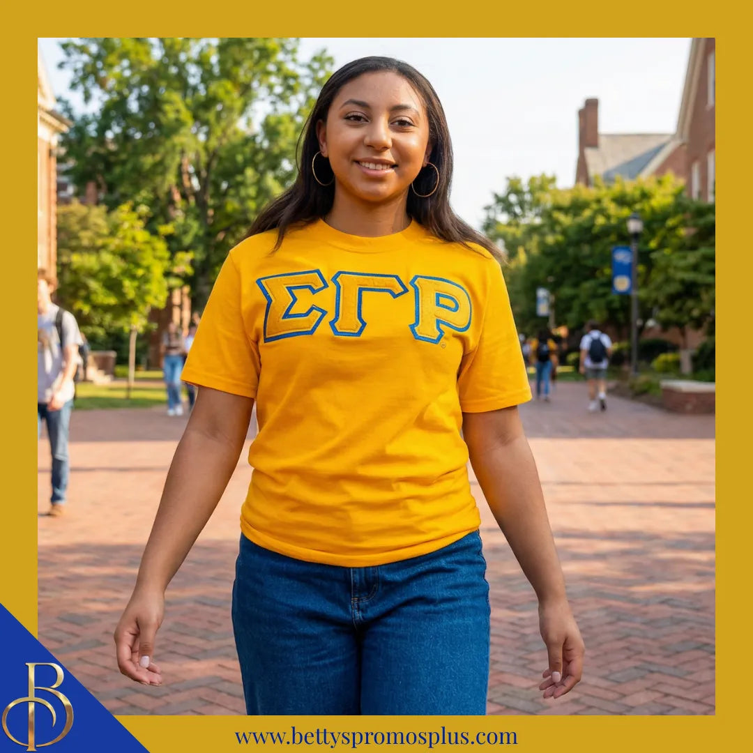 Sigma Gamma Rho ΣΓΡ Double Stitched Appliqué Embroidered Line T-Shirt-Sigma Gamma Rho Paraphernalia-Sigma Gamma Rho T-Shirts-Betty's Promos Plus
