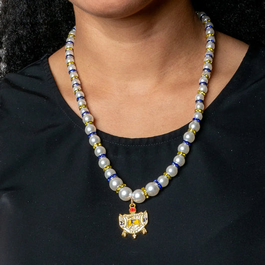 Sigma Gamma Rho ΣΓΡ Shield Pearl Necklace with Rhinestone Spacers-Sigma Gamma Rho Paraphernalia-Sigma Gamma Rho Necklace-Betty's Promos Plus