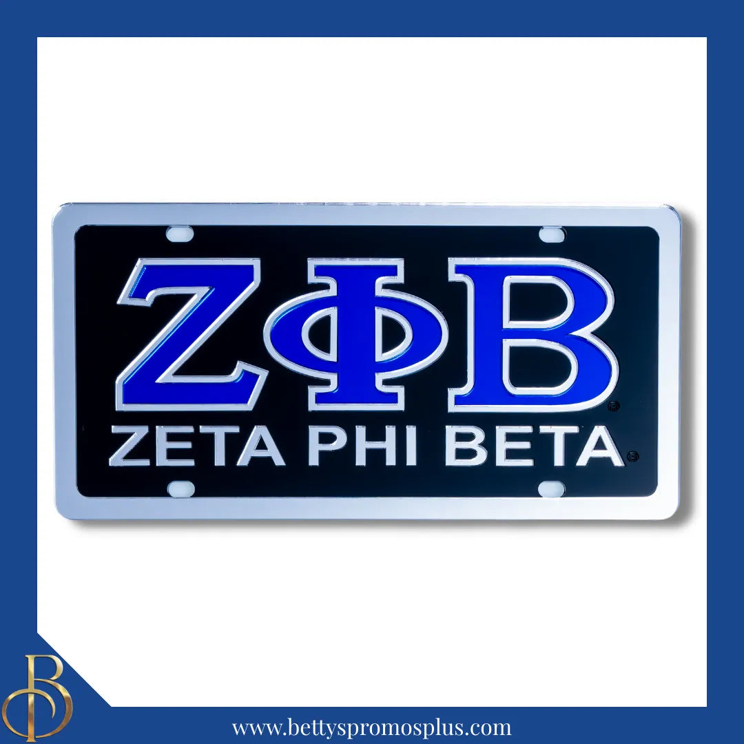 Zeta Phi Beta ΖΦΒ Greek Letters with Zeta Phi Beta Laser Engraved Mirrored Acrylic Auto Tag License Plate-Black Background-Silver Trim-Zeta Phi Beta Paraphernalia-Zeta Phi Beta Auto Tag-Betty's Promos Plus