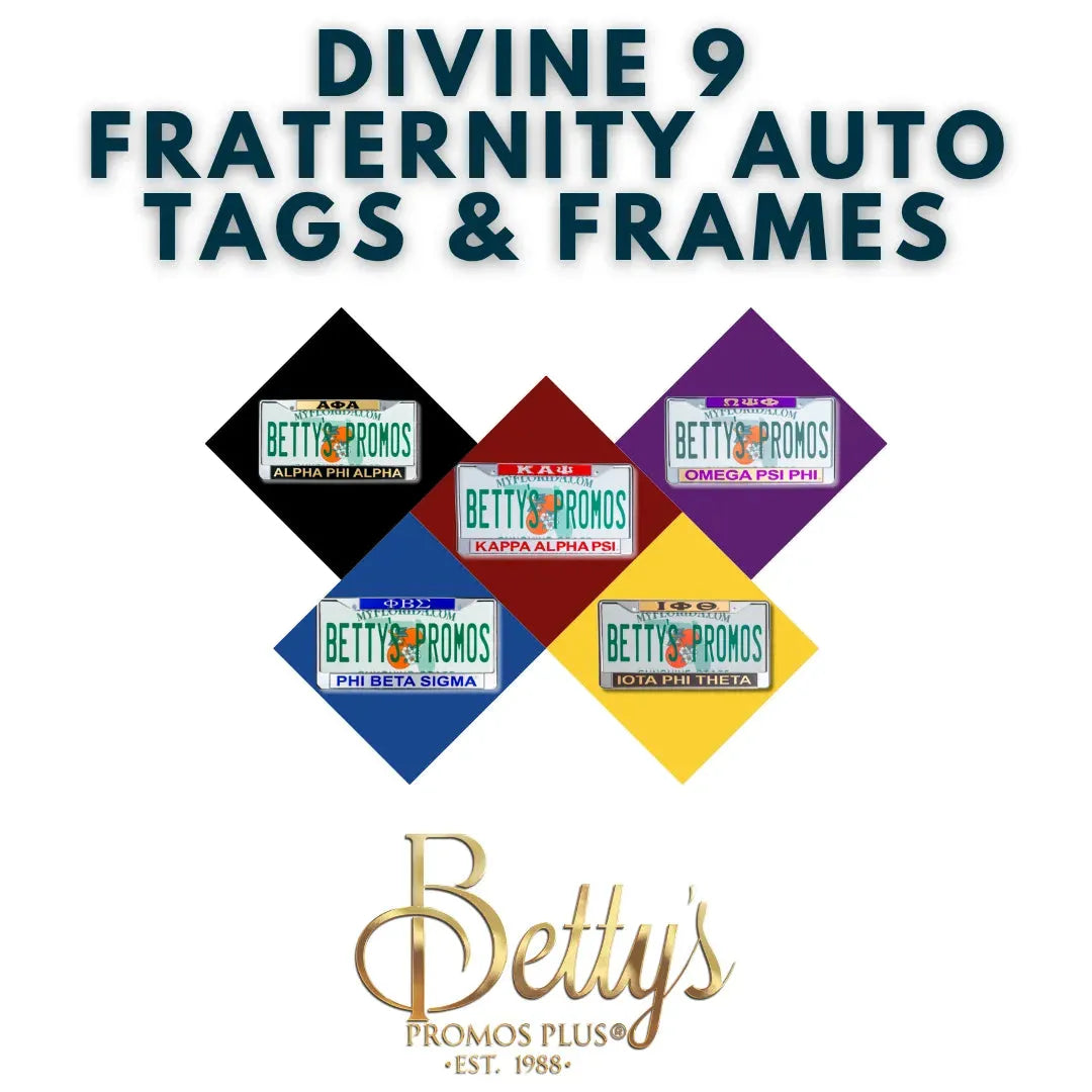 Divine 9 D9 Fraternity Auto Tags & Tag Frames | Betty's Promos Plus