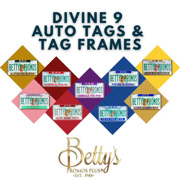 Divine 9 D9 Laser Engraved Auto Tags & Tag Frames-Betty's Promos Plus