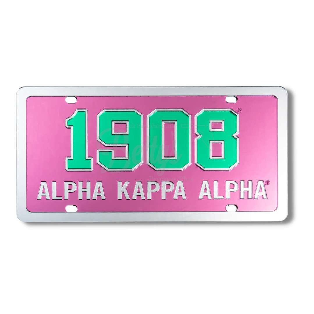 Alpha Kappa Alpha AKA 1908 Acrylic Mirrored Laser Engraved Auto TagPink Background-Silver Trim-Betty's Promos Plus Greek Paraphernalia
