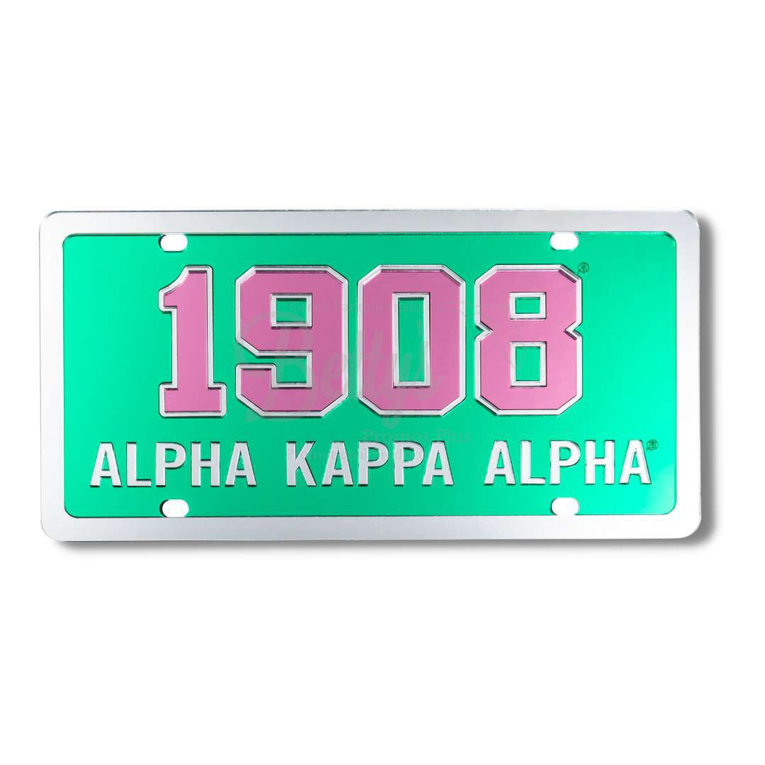 Alpha Kappa Alpha AKA 1908 Acrylic Mirrored Laser Engraved Auto TagGreen Background-Silver Trim-Betty's Promos Plus Greek Paraphernalia