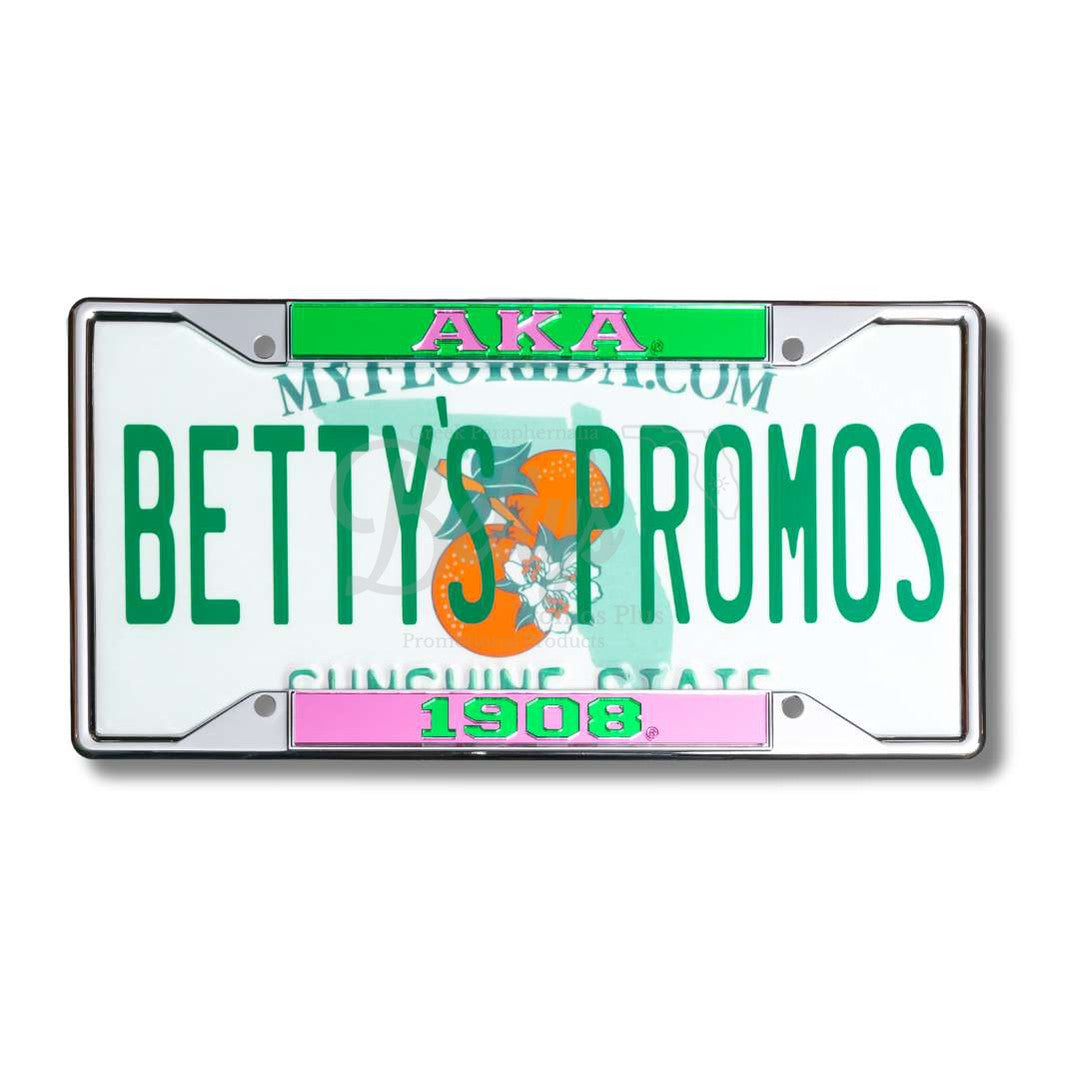 Alpha Kappa Alpha AKA 1908 Chrome Laser Engraved Mirrored Acrylic Auto Tag License Plate FramePink Bottom-Betty's Promos Plus Greek Paraphernalia