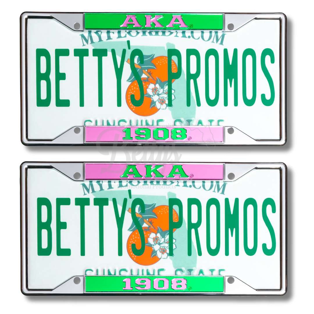 Alpha Kappa Alpha AKA 1908 Chrome Laser Engraved Mirrored Acrylic Auto Tag License Plate Frame-Betty's Promos Plus Greek Paraphernalia