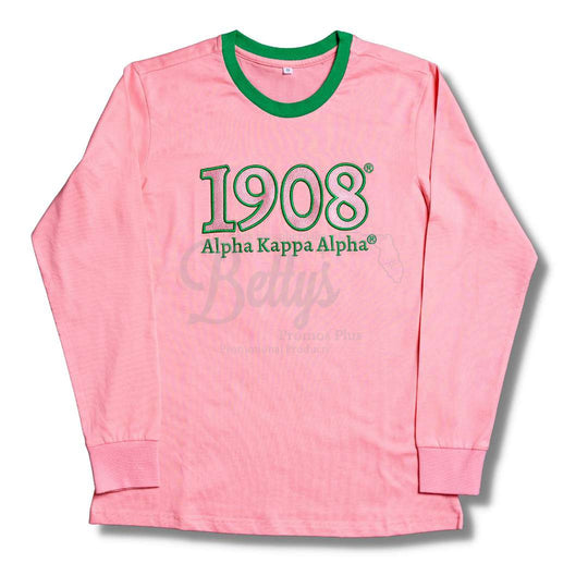 Alpha Kappa Alpha AKA 1908 Embroidered Long Sleeve T-ShirtPink-Small-Betty's Promos Plus Greek Paraphernalia