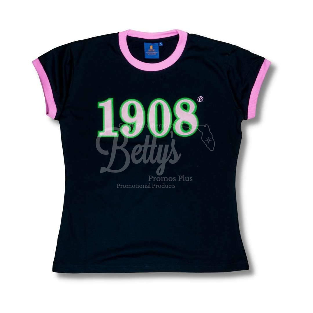 Alpha Kappa Alpha AKA 1908 Embroidered Ringer T-Shirt1908-Black-Small-Betty's Promos Plus Greek Paraphernalia