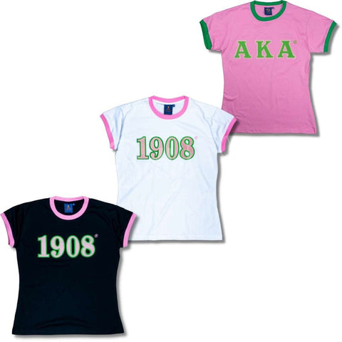 Alpha Kappa Alpha AKA 1908 Embroidered Ringer T-Shirt-Betty's Promos Plus Greek Paraphernalia