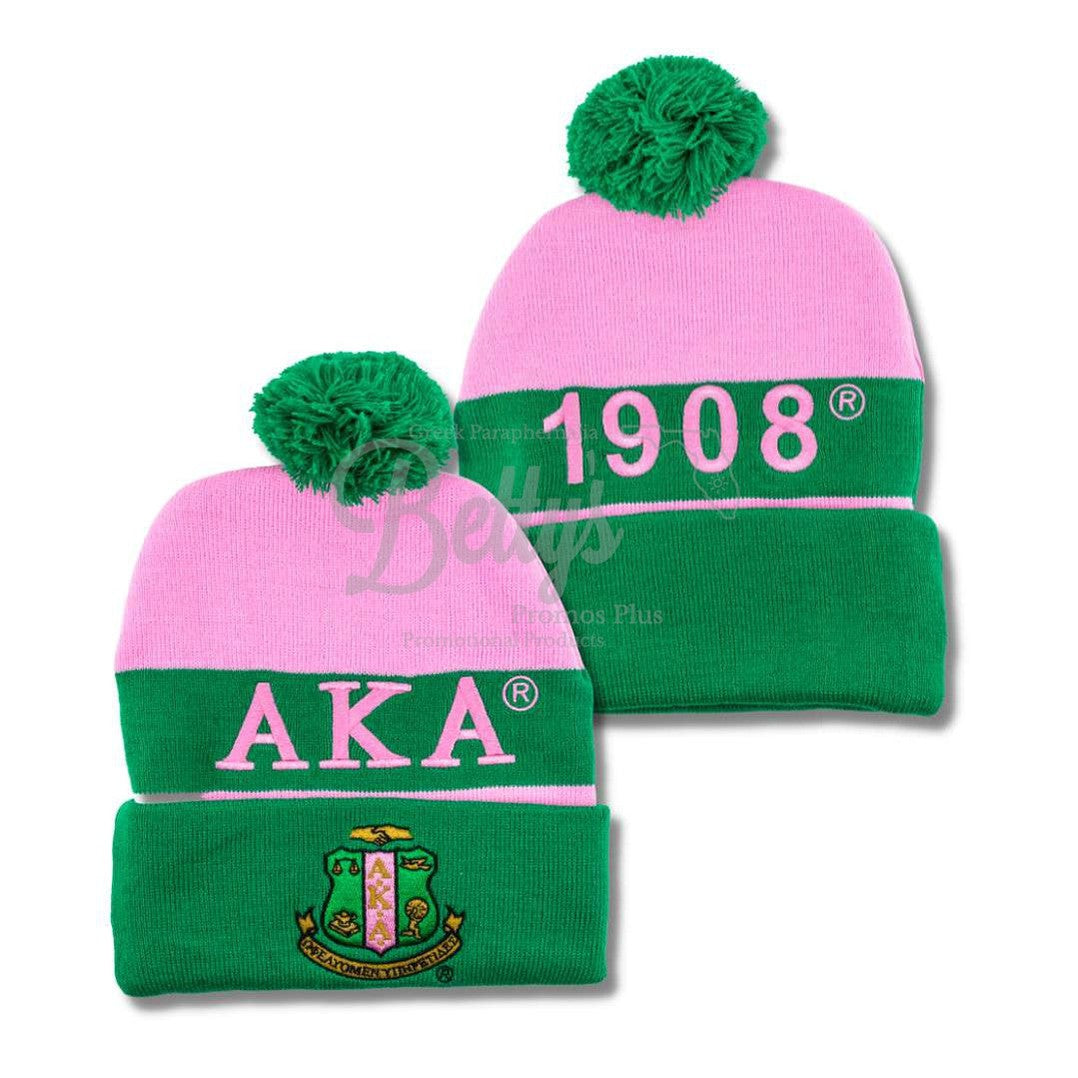 Alpha Kappa Alpha AKA 1908 Embroidered Shield Knit Crest BeanieGreen-Betty's Promos Plus Greek Paraphernalia