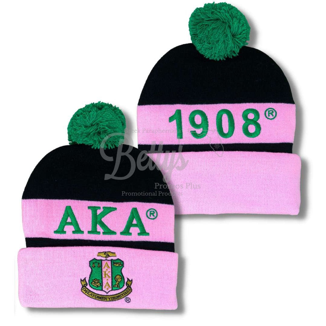 Alpha Kappa Alpha AKA 1908 Embroidered Shield Knit Crest BeanieBlack-Betty's Promos Plus Greek Paraphernalia