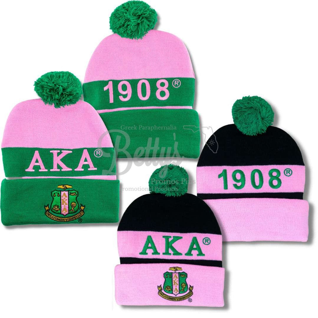 Alpha Kappa Alpha AKA 1908 Embroidered Shield Knit Crest Beanie-Betty's Promos Plus Greek Paraphernalia