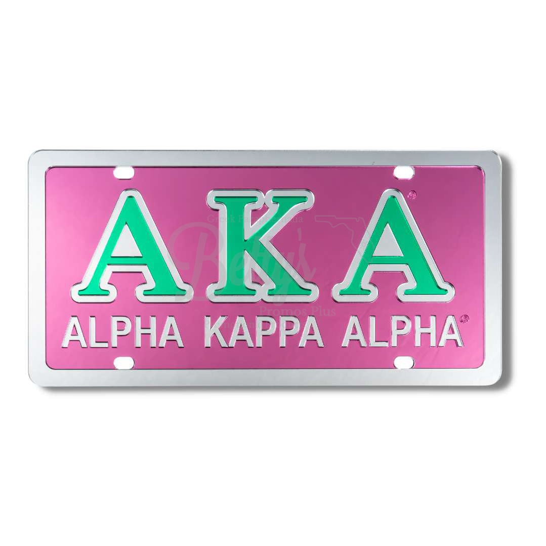 Alpha Kappa Alpha AKA Acrylic Mirrored Laser Engraved Auto TagPink Background-Silver Trim-Silver Letter Trim-Betty's Promos Plus Greek Paraphernalia