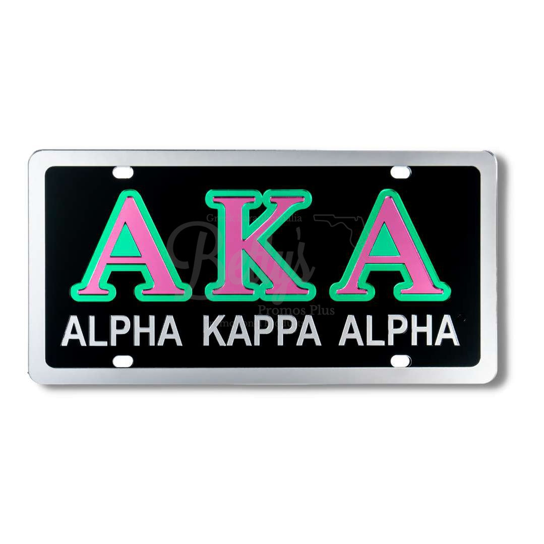 Alpha Kappa Alpha AKA Acrylic Mirrored Laser Engraved Auto TagBlack Background-Silver Trim-Green Letter Trim-Betty's Promos Plus Greek Paraphernalia
