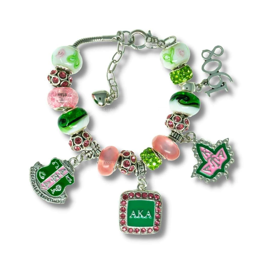 Alpha Kappa Alpha AKA Beaded Charm Bracelet with Bangle CharmsPink-Betty's Promos Plus Greek Paraphernalia