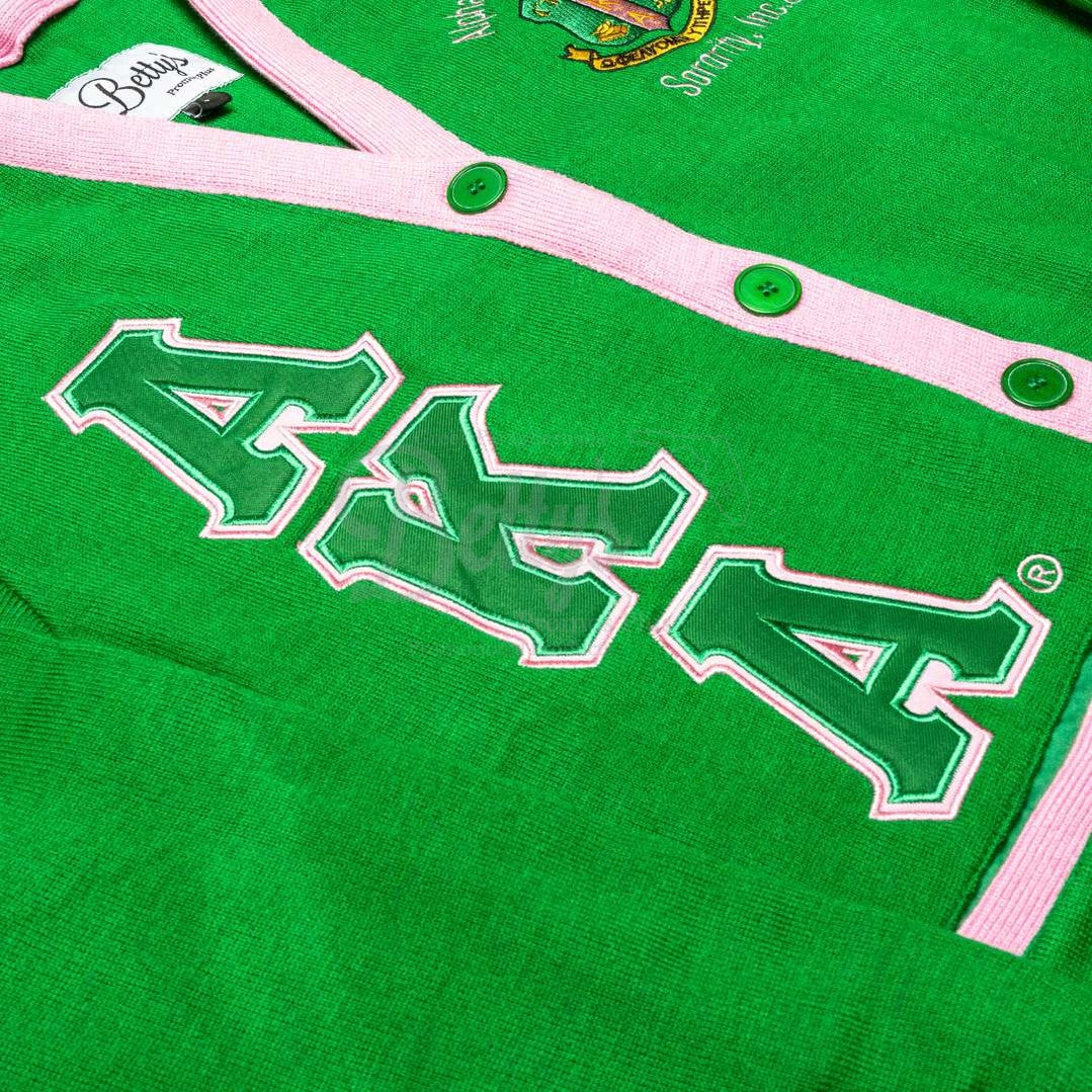 Alpha Kappa Alpha AKA Cardigan Sweater with Double Stitched Twill Embroidered Letters & AKA Shield-Betty's Promos Plus Greek Paraphernalia