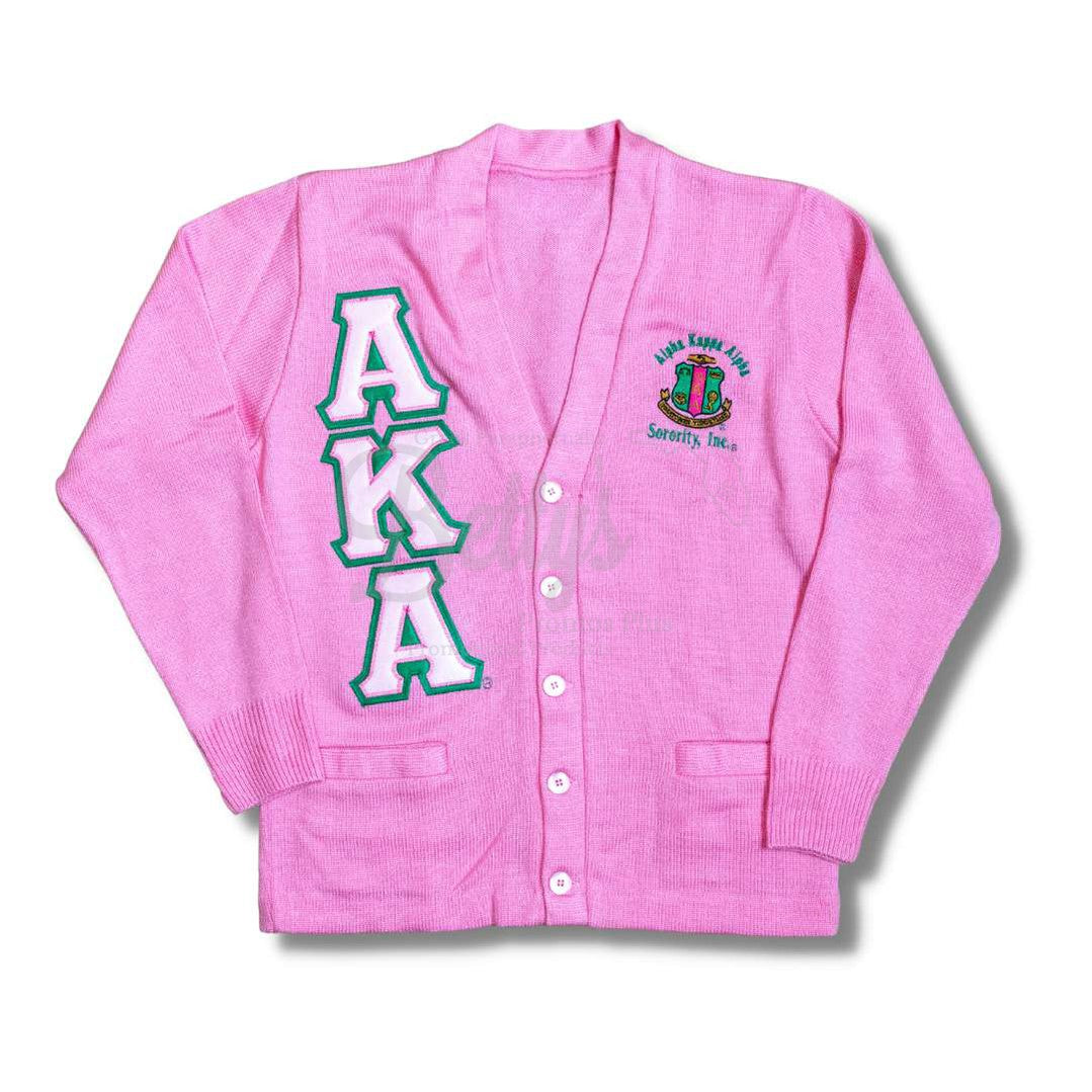Alpha Kappa Alpha AKA Cardigan Sweater with Double Stitched Twill Embroidered Letters & AKA ShieldPink-Pink Trim-Small-Betty's Promos Plus Greek Paraphernalia