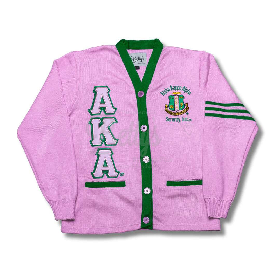 Alpha Kappa Alpha AKA Cardigan Sweater with Double Stitched Twill Embroidered Letters & AKA ShieldPink-Green Trim-Small-Betty's Promos Plus Greek Paraphernalia