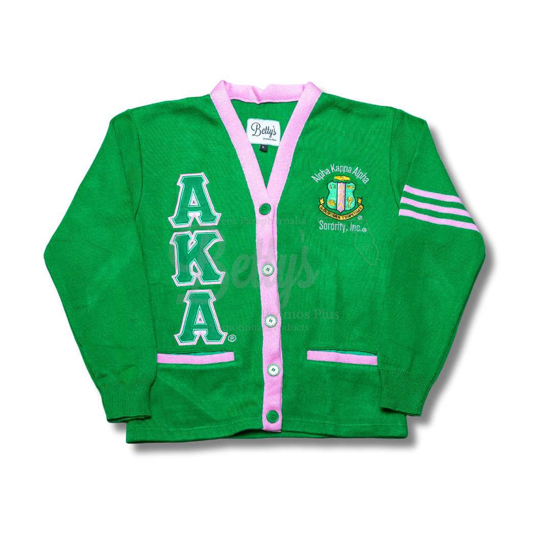 Alpha Kappa Alpha AKA Cardigan Sweater with Double Stitched Twill Embroidered Letters & AKA ShieldGreen-Pink Trim-Small-Betty's Promos Plus Greek Paraphernalia